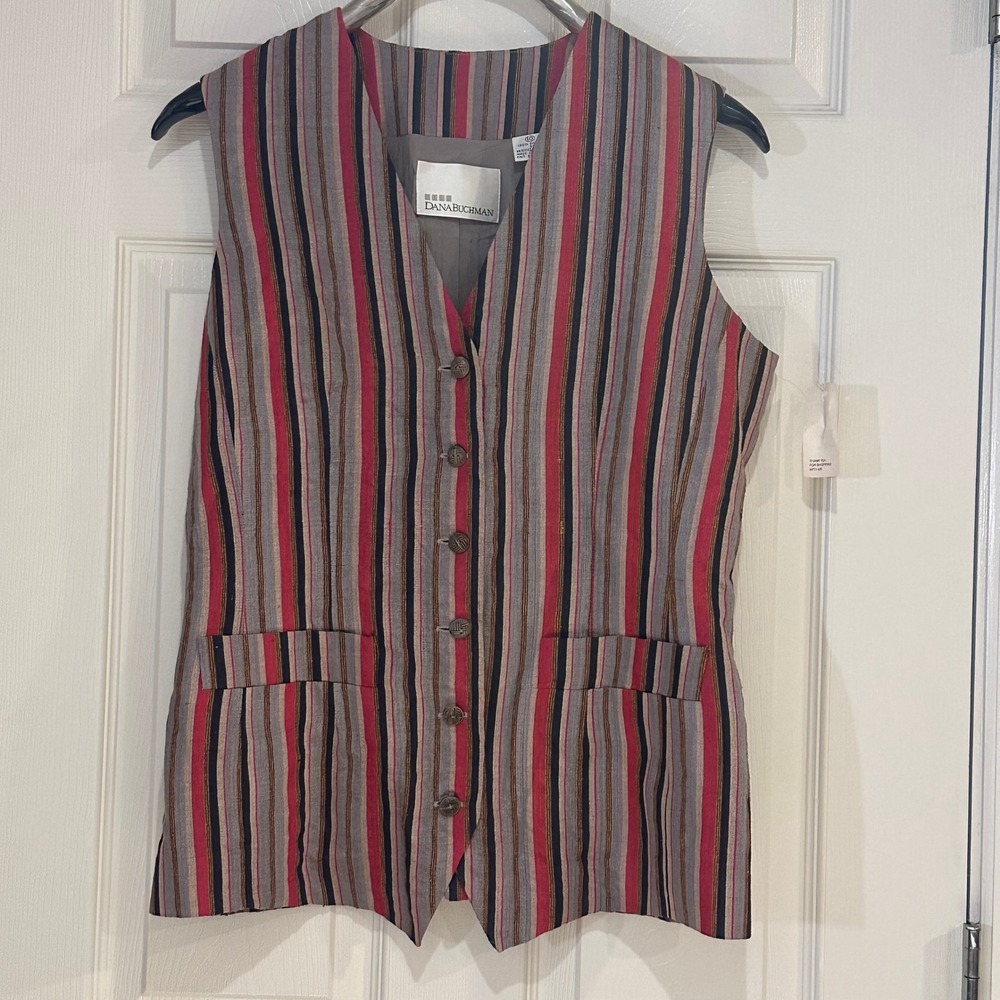 Dana‎ Buchman Vintage 100% Silk Striped Button Front Vest Red Black Tan Size 10